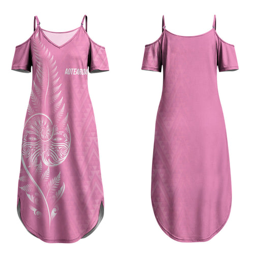 New Zealand Ta Moko Silver Fern Pink Couples Matching Summer Maxi Dress and Long Sleeve Button Shirt Taniko Taniwha Motifs