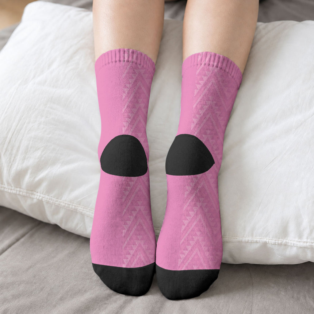 New Zealand Ta Moko Silver Fern Pink Crew Socks Taniko Taniwha Motifs