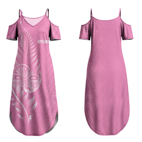 New Zealand Ta Moko Silver Fern Pink Family Matching Summer Maxi Dress and Hawaiian Shirt Taniko Taniwha Motifs