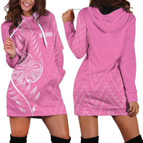 New Zealand Ta Moko Silver Fern Pink Hoodie Dress Taniko Taniwha Motifs