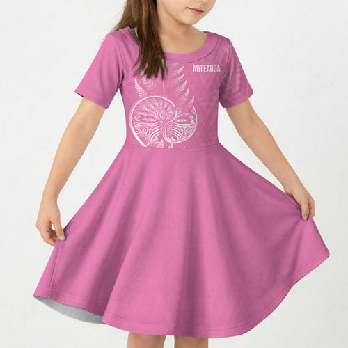 New Zealand Ta Moko Silver Fern Pink Kid Short Sleeve Dress Taniko Taniwha Motifs
