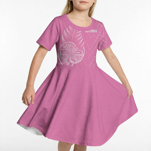 New Zealand Ta Moko Silver Fern Pink Kid Short Sleeve Dress Taniko Taniwha Motifs