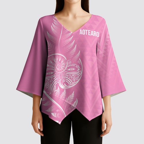 New Zealand Ta Moko Silver Fern Pink Kimono Sleeve Blouse Taniko Taniwha Motifs