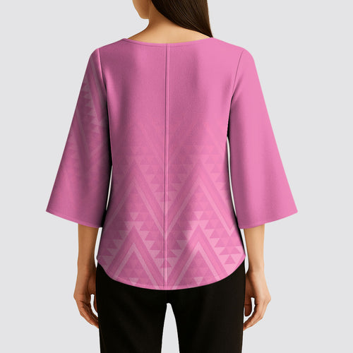 New Zealand Ta Moko Silver Fern Pink Kimono Sleeve Blouse Taniko Taniwha Motifs