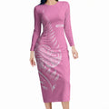New Zealand Ta Moko Silver Fern Pink Long Sleeve Bodycon Dress Taniko Taniwha Motifs