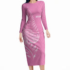New Zealand Ta Moko Silver Fern Pink Long Sleeve Bodycon Dress Taniko Taniwha Motifs