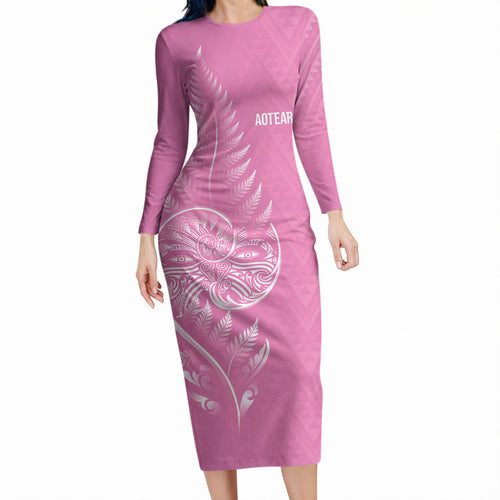 New Zealand Ta Moko Silver Fern Pink Long Sleeve Bodycon Dress Taniko Taniwha Motifs