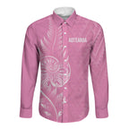 New Zealand Ta Moko Silver Fern Pink Long Sleeve Button Shirt Taniko Taniwha Motifs