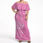 New Zealand Ta Moko Silver Fern Pink Off Shoulder Maxi Dress Taniko Taniwha Motifs