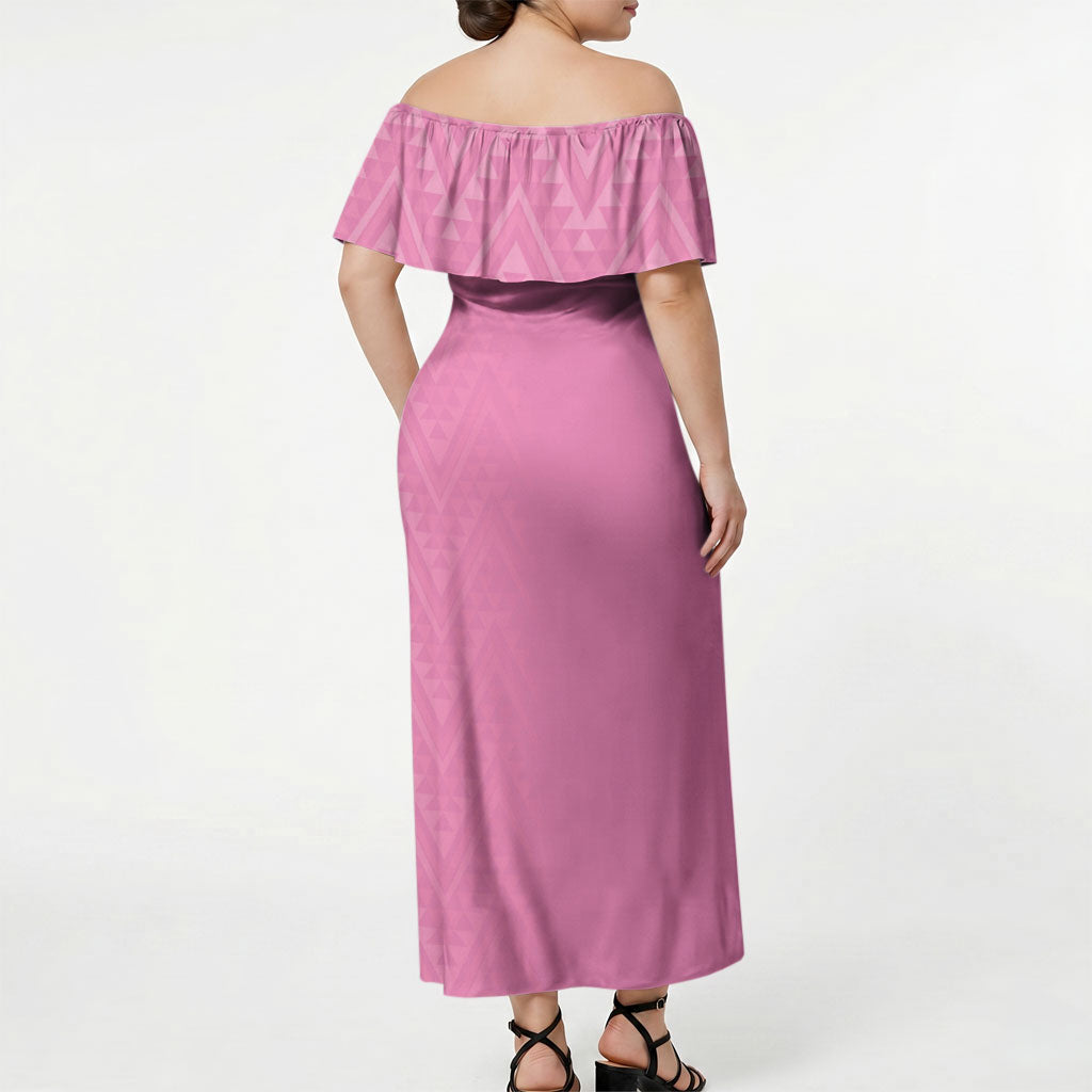 New Zealand Ta Moko Silver Fern Pink Off Shoulder Maxi Dress Taniko Taniwha Motifs