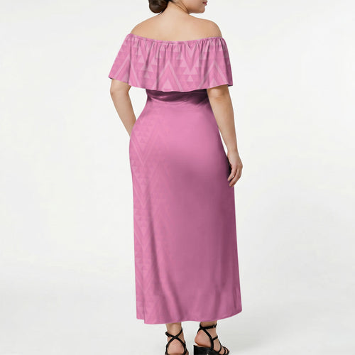 New Zealand Ta Moko Silver Fern Pink Off Shoulder Maxi Dress Taniko Taniwha Motifs