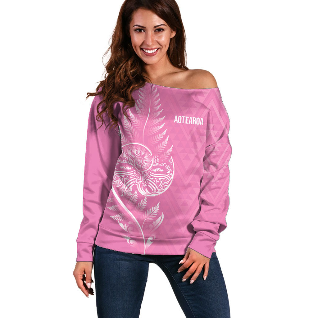 New Zealand Ta Moko Silver Fern Pink Off Shoulder Sweater Taniko Taniwha Motifs