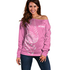 New Zealand Ta Moko Silver Fern Pink Off Shoulder Sweater Taniko Taniwha Motifs