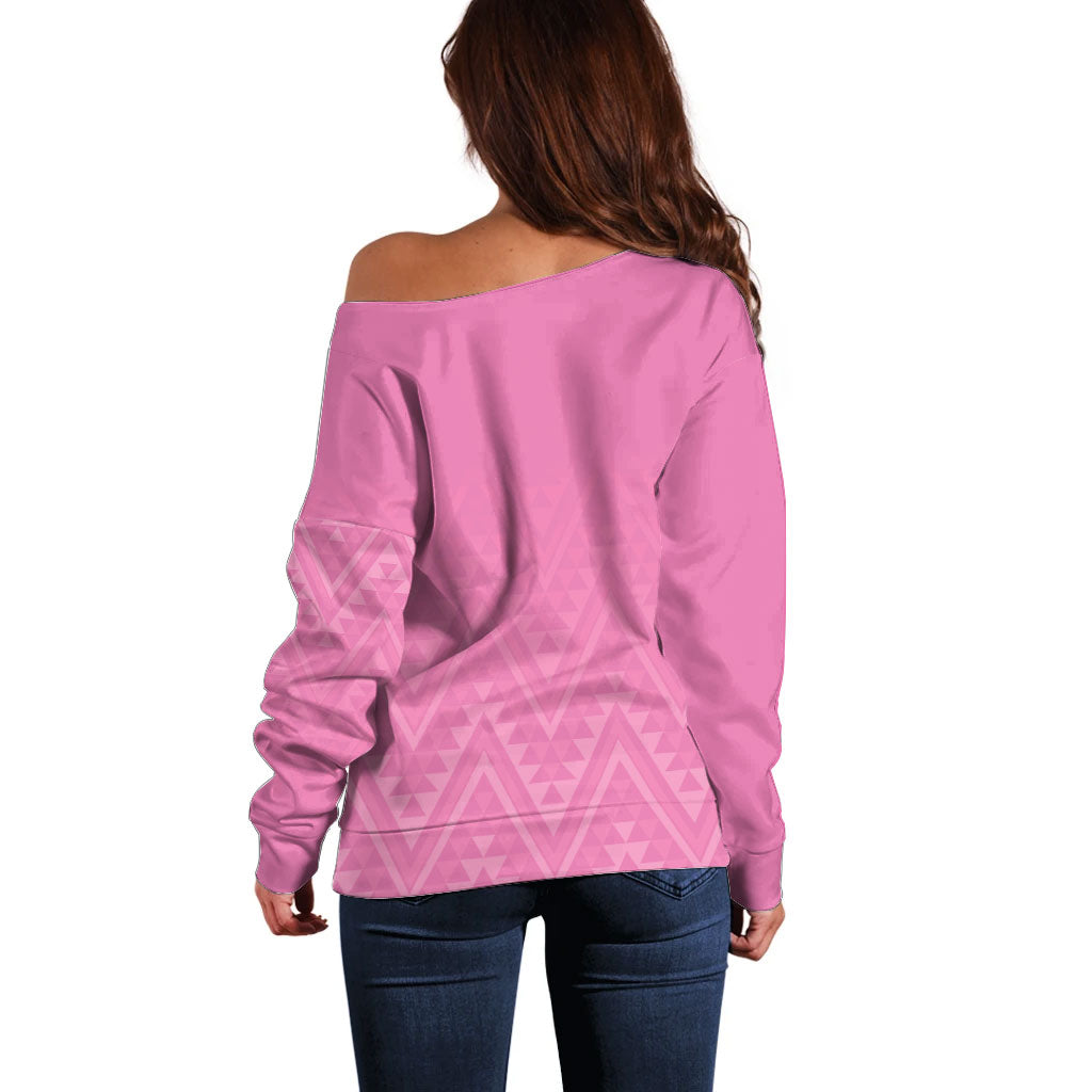 New Zealand Ta Moko Silver Fern Pink Off Shoulder Sweater Taniko Taniwha Motifs