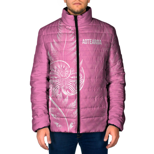 New Zealand Ta Moko Silver Fern Pink Padded Jacket Taniko Taniwha Motifs