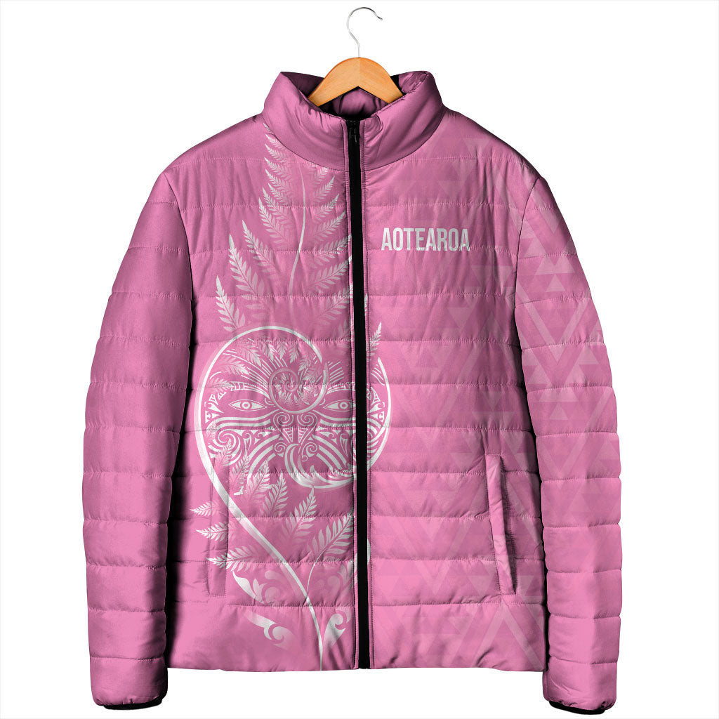 New Zealand Ta Moko Silver Fern Pink Padded Jacket Taniko Taniwha Motifs