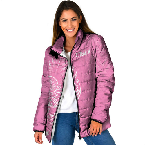 New Zealand Ta Moko Silver Fern Pink Padded Jacket Taniko Taniwha Motifs