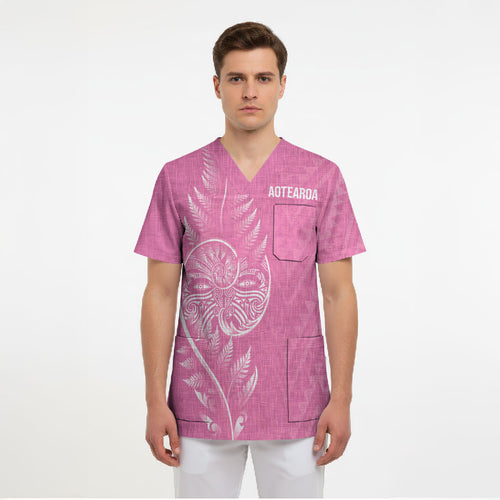 New Zealand Ta Moko Silver Fern Pink Scrub Top Taniko Taniwha Motifs