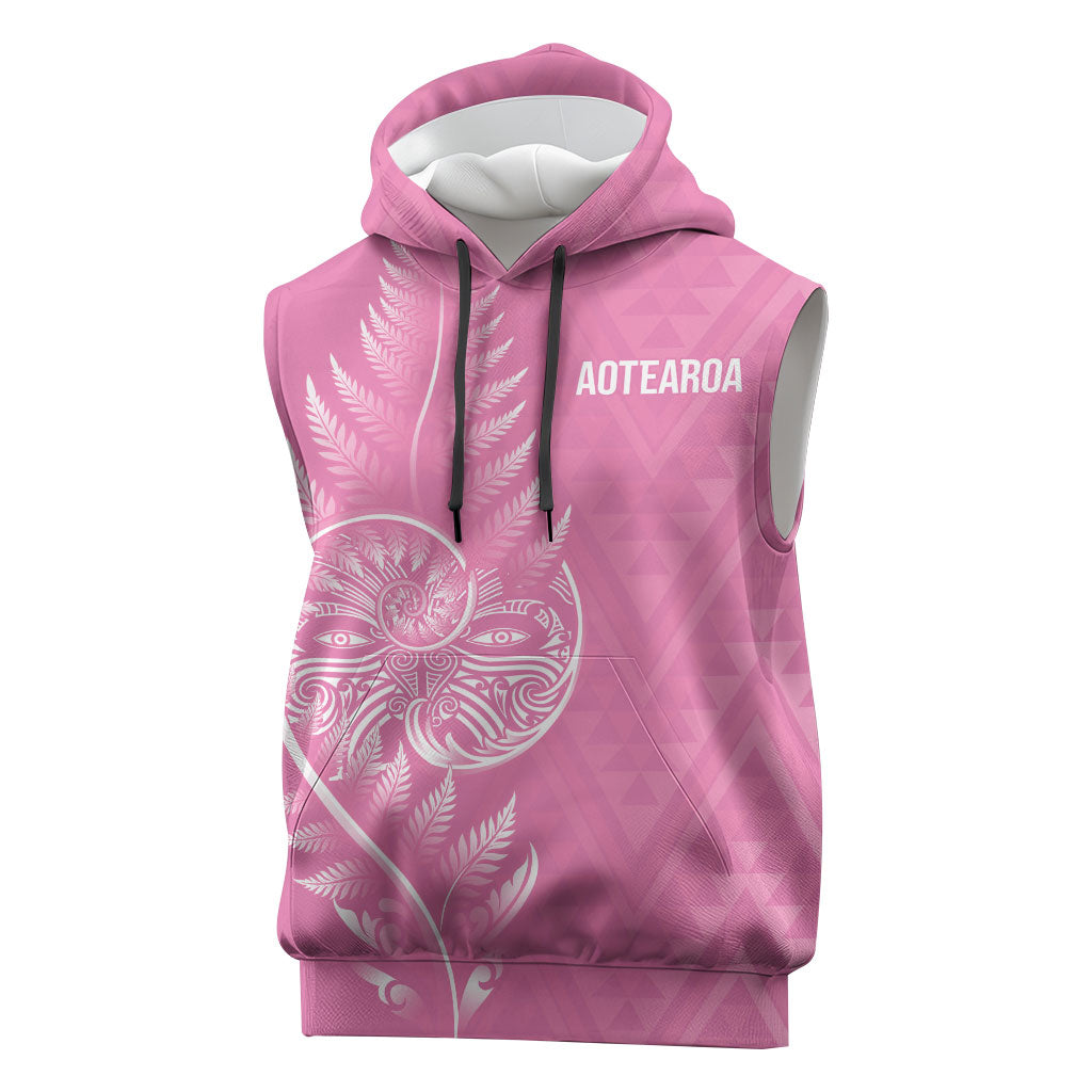 New Zealand Ta Moko Silver Fern Pink Sleeveless Hoodie Taniko Taniwha Motifs
