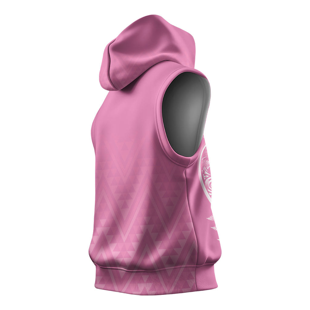 New Zealand Ta Moko Silver Fern Pink Sleeveless Hoodie Taniko Taniwha Motifs
