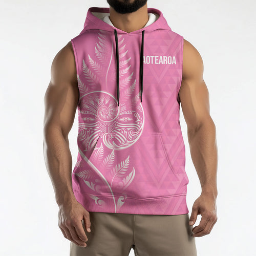 New Zealand Ta Moko Silver Fern Pink Sleeveless Hoodie Taniko Taniwha Motifs