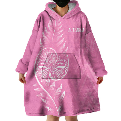 New Zealand Ta Moko Silver Fern Pink Wearable Blanket Hoodie Taniko Taniwha Motifs