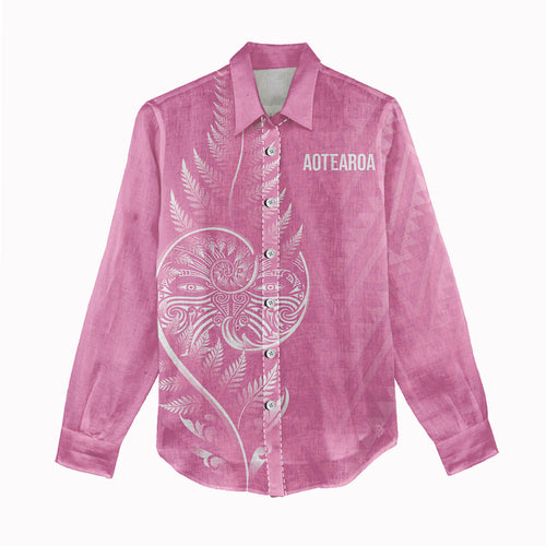New Zealand Ta Moko Silver Fern Pink Women Casual Shirt Taniko Taniwha Motifs