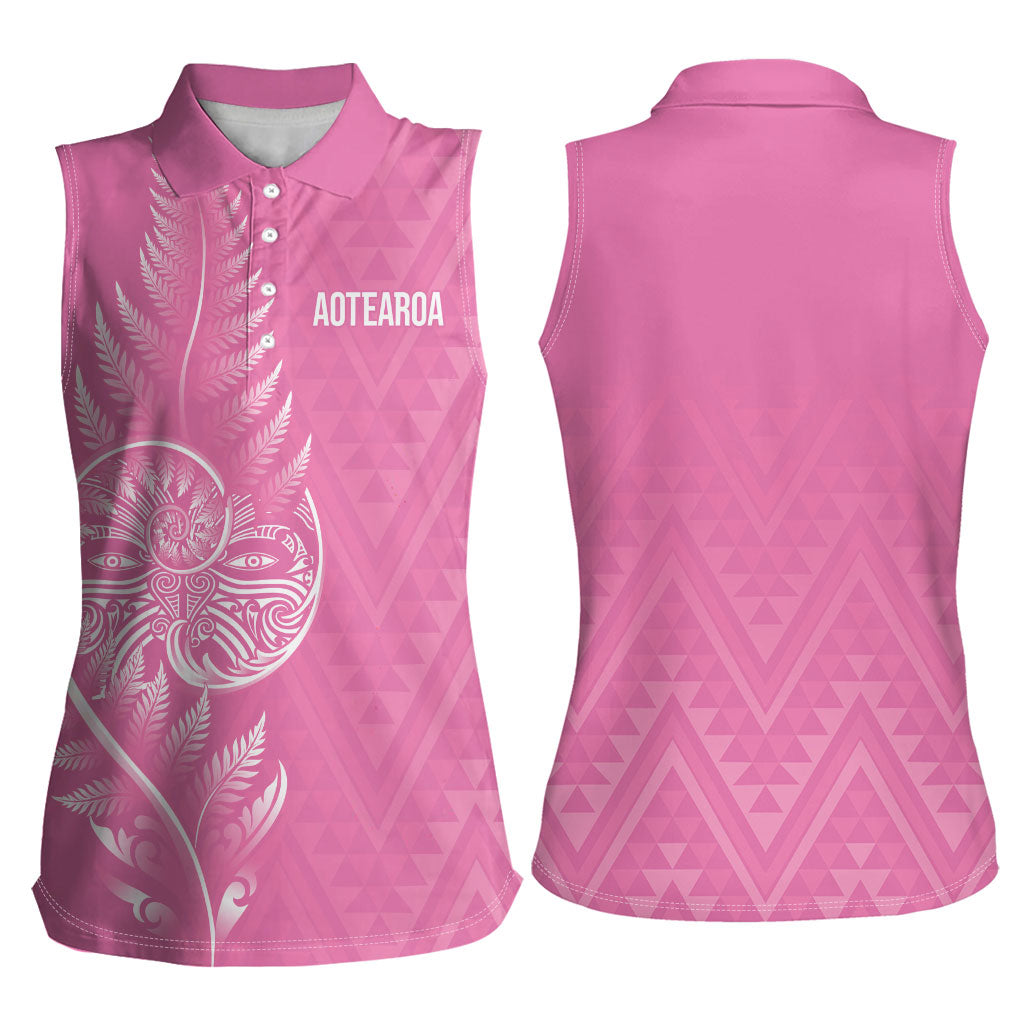 New Zealand Ta Moko Silver Fern Pink Women Sleeveless Polo Shirt Taniko Taniwha Motifs