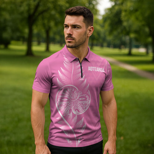New Zealand Ta Moko Silver Fern Pink Zipper Polo Shirt Taniko Taniwha Motifs