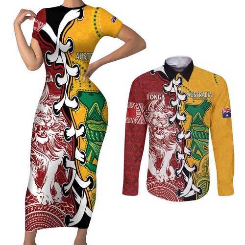 Mate Ma'a Tonga Vs Australia Rugby Personalized Couples Matching Short Sleeve Bodycon Dress and Long Sleeve Button Shirt Special Mascots