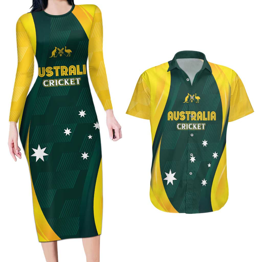 Australia Cricket Custom Couples Matching Long Sleeve Bodycon Dress and Hawaiian Shirt GO Aussie - Modern Motif