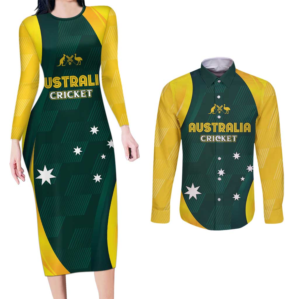 Australia Cricket Custom Couples Matching Long Sleeve Bodycon Dress and Long Sleeve Button Shirt GO Aussie - Modern Motif