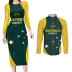 Australia Cricket Custom Couples Matching Long Sleeve Bodycon Dress and Long Sleeve Button Shirt GO Aussie - Modern Motif