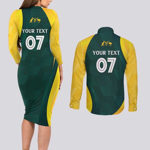 Australia Cricket Custom Couples Matching Long Sleeve Bodycon Dress and Long Sleeve Button Shirt GO Aussie - Modern Motif