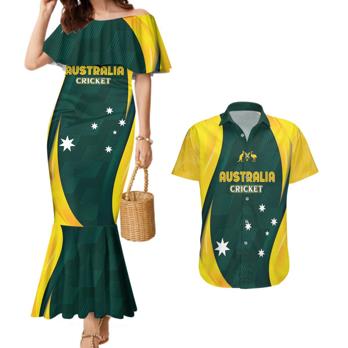 Australia Cricket Custom Couples Matching Mermaid Dress and Hawaiian Shirt GO Aussie - Modern Motif