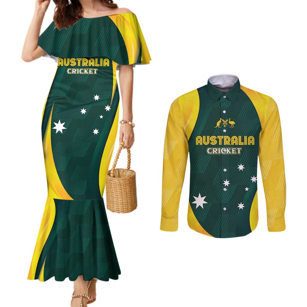 Australia Cricket Custom Couples Matching Mermaid Dress and Long Sleeve Button Shirt GO Aussie - Modern Motif