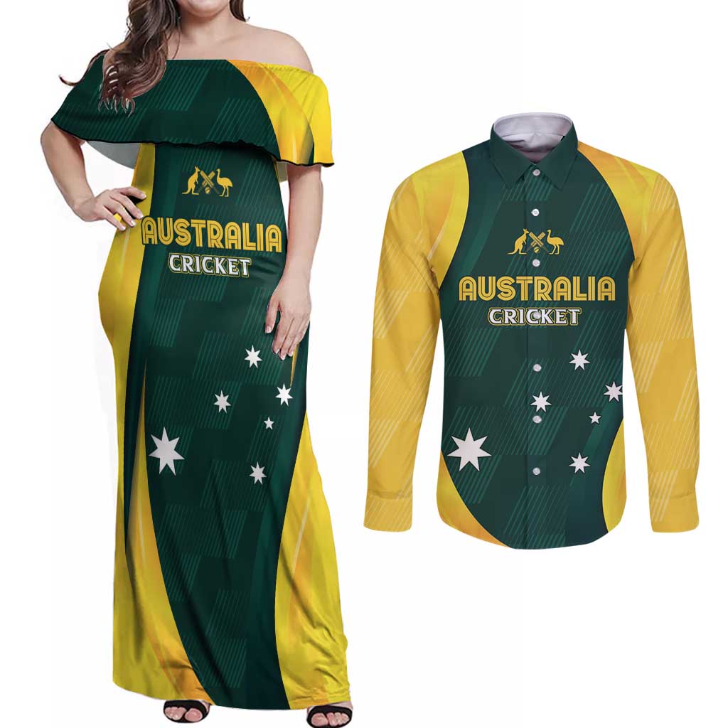Australia Cricket Custom Couples Matching Off Shoulder Maxi Dress and Long Sleeve Button Shirt GO Aussie - Modern Motif