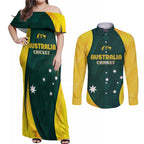 Australia Cricket Custom Couples Matching Off Shoulder Maxi Dress and Long Sleeve Button Shirt GO Aussie - Modern Motif