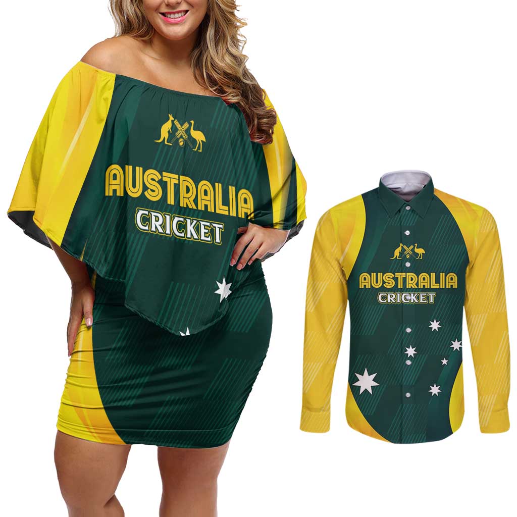 Australia Cricket Custom Couples Matching Off Shoulder Short Dress and Long Sleeve Button Shirt GO Aussie - Modern Motif