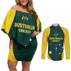 Australia Cricket Custom Couples Matching Off Shoulder Short Dress and Long Sleeve Button Shirt GO Aussie - Modern Motif