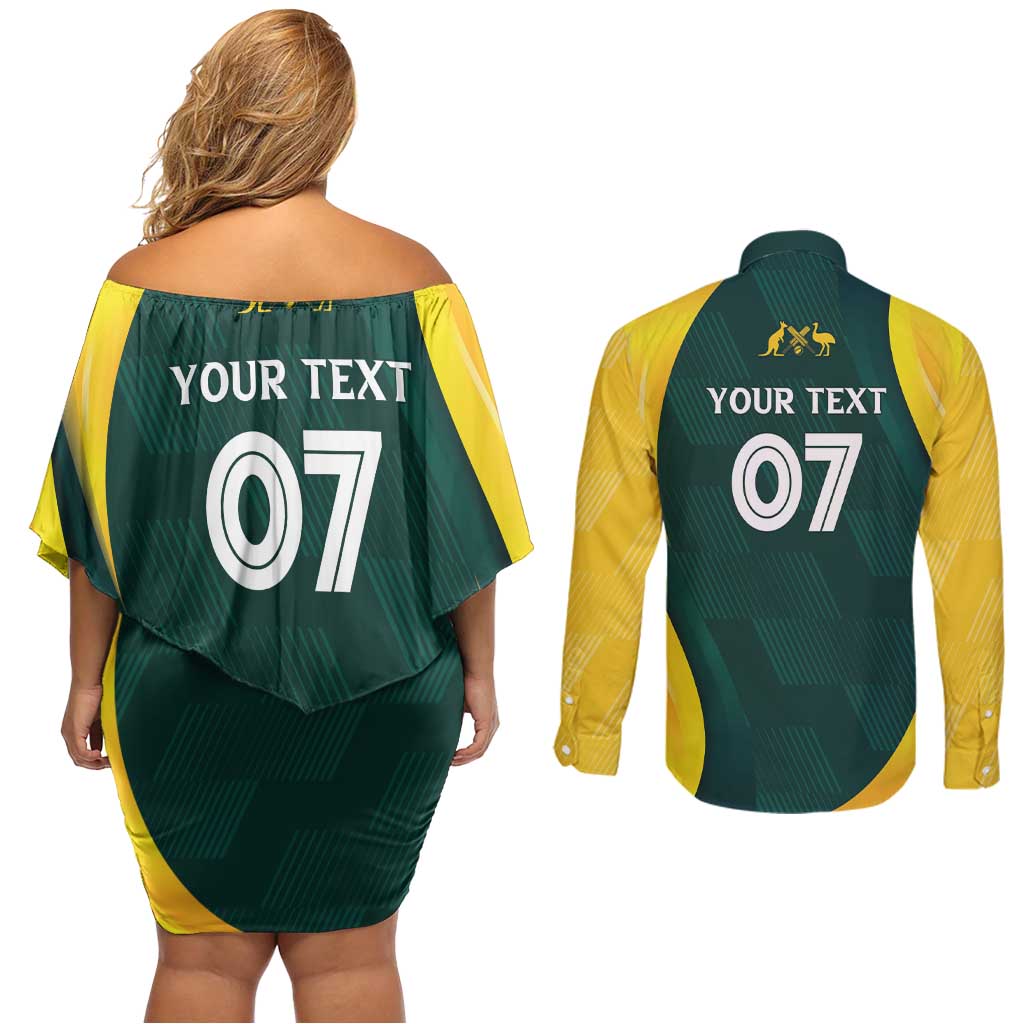 Australia Cricket Custom Couples Matching Off Shoulder Short Dress and Long Sleeve Button Shirt GO Aussie - Modern Motif