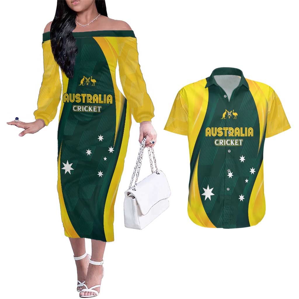 Australia Cricket Custom Couples Matching Off The Shoulder Long Sleeve Dress and Hawaiian Shirt GO Aussie - Modern Motif