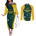 Australia Cricket Custom Couples Matching Off The Shoulder Long Sleeve Dress and Long Sleeve Button Shirt GO Aussie - Modern Motif