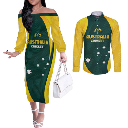 Australia Cricket Custom Couples Matching Off The Shoulder Long Sleeve Dress and Long Sleeve Button Shirt GO Aussie - Modern Motif