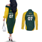 Australia Cricket Custom Couples Matching Off The Shoulder Long Sleeve Dress and Long Sleeve Button Shirt GO Aussie - Modern Motif
