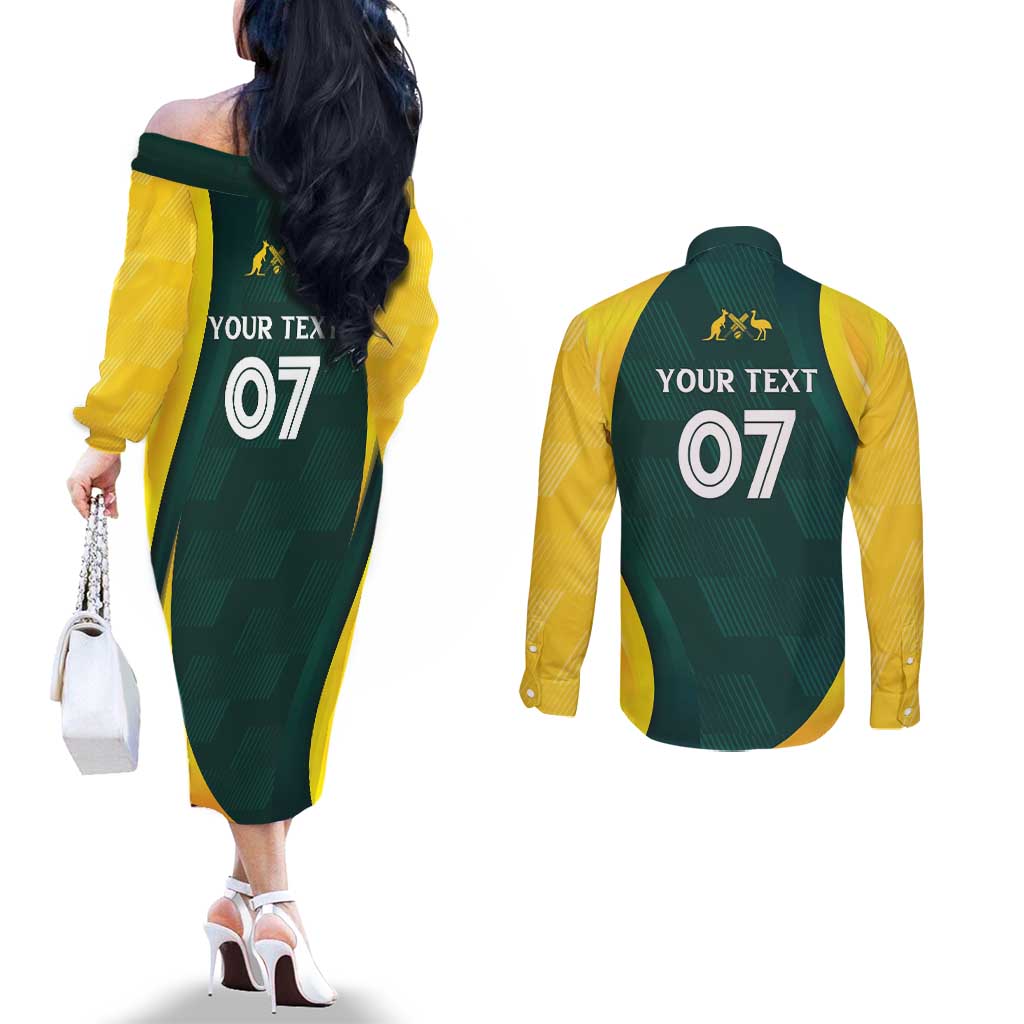Australia Cricket Custom Couples Matching Off The Shoulder Long Sleeve Dress and Long Sleeve Button Shirt GO Aussie - Modern Motif