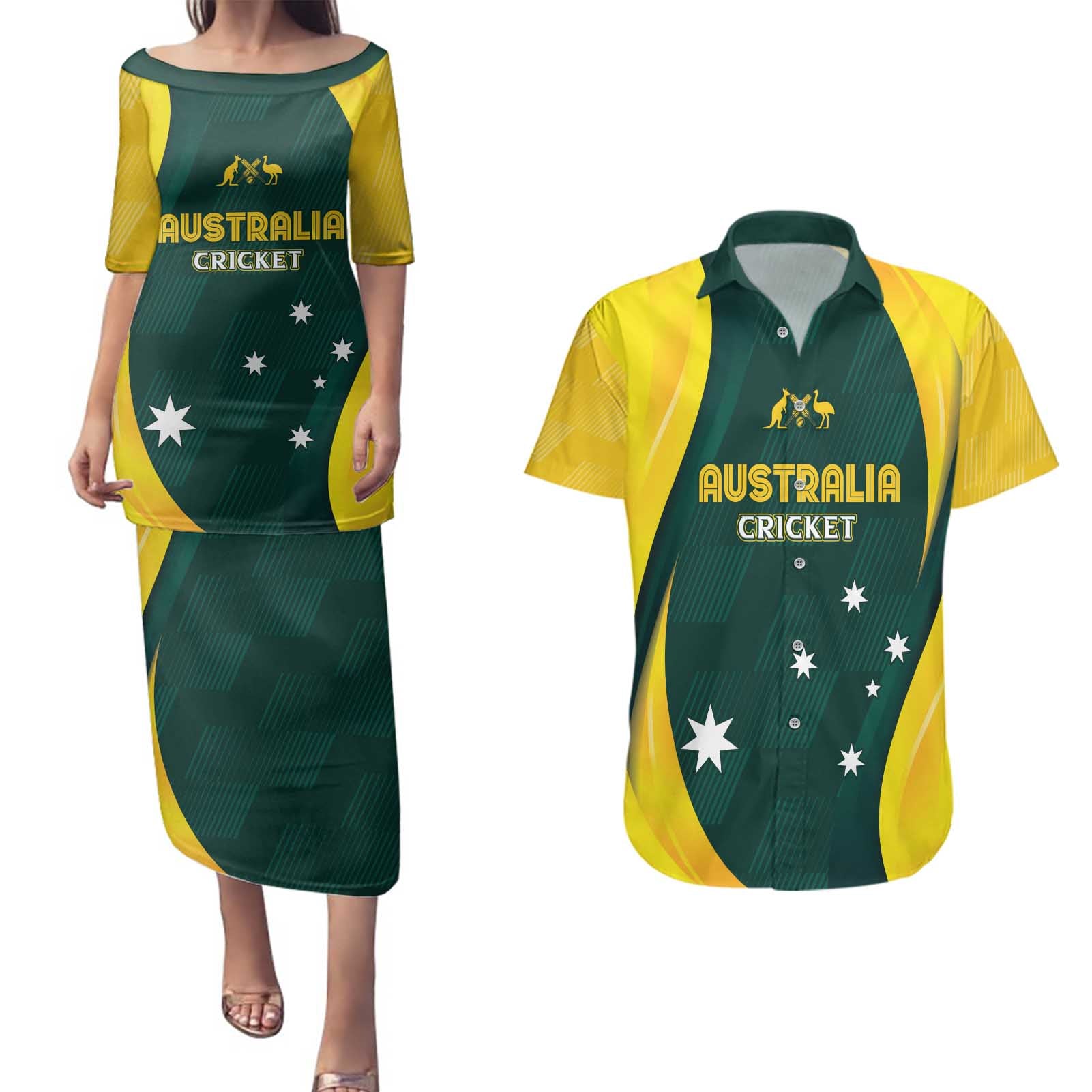 Australia Cricket Custom Couples Matching Puletasi and Hawaiian Shirt GO Aussie - Modern Motif