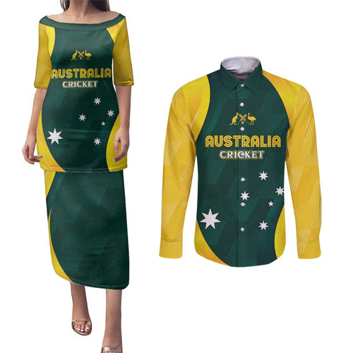 Australia Cricket Custom Couples Matching Puletasi and Long Sleeve Button Shirt GO Aussie - Modern Motif