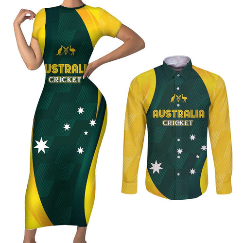 Australia Cricket Custom Couples Matching Short Sleeve Bodycon Dress and Long Sleeve Button Shirt GO Aussie - Modern Motif