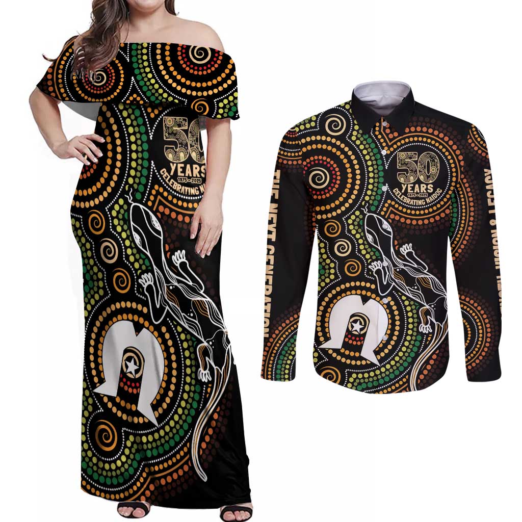 50 Years of NAIDOC Week Indigenous Couples Matching Off Shoulder Maxi Dress and Long Sleeve Button Shirt Honor The Past - Grace The Present